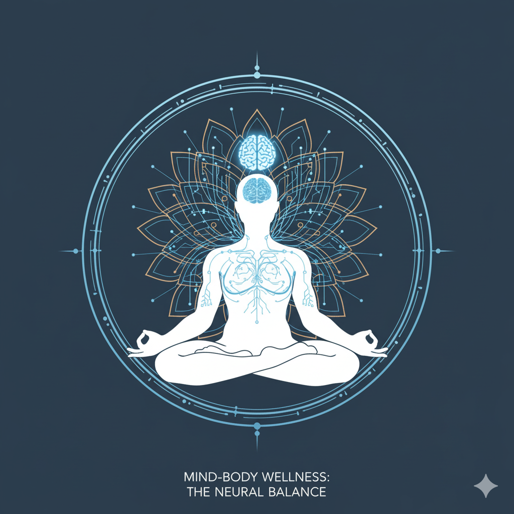 ncient yoga structure overlaid with modern neural network patterns for mental clarity.