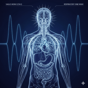 Minimalist scientific diagram highlighting the Vagus Nerve (Cranial Nerve X) and its role in Circadian Flow Therapy and stress resolution.
