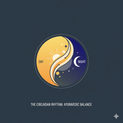 Symbolic graphic showing the balance of day and night cycles, representing the Ayurvedic timing principles used in Circadian Flow Therapy for deep sleep restoration.